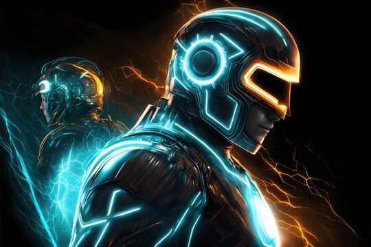 cyborg abstract futuristic holographic technology with a tron crypto face. Generative AI illustrations