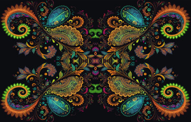 Paisley seamless pattern glow in the dark background. Abstract traditional folk antique ethnic tribal graphic paisley line. Texture textile fabric vector illustration ornate elegant luxury style.