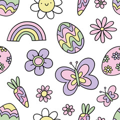 Plakat Retro Spring Collection - Happy Easter. Groovy vector seamless patterns and design elements - bunny, flowers, eggs, rainbow.