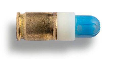 Blue die in a 9 mm cartridge