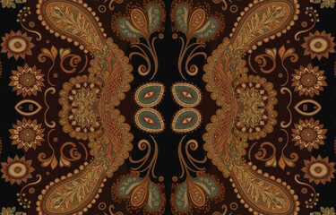 African Ikat paisley seamless pattern brown tone. Abstract traditional folk antique graphic paisley line. Texture textile vector illustration ornate elegant luxury vintage retro style..