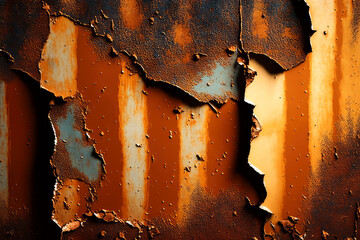 Textured rusty iron sheet background with cracked enamel paint and rust stains, Generative AI