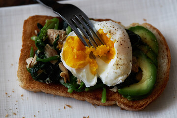 homemade healthy open sandwich: toast topped with spinach, tuna, avocado and poached egg