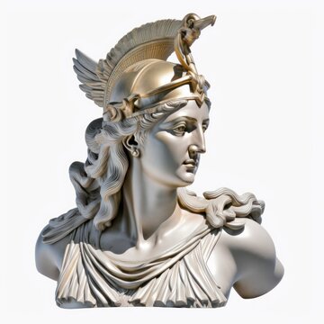 Sculpture of Athena Greek mythological goddess of battle strategy, and wisdom isolated on a white background, generative ai