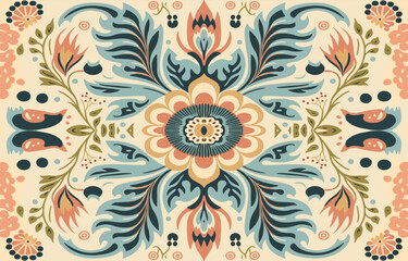 Flower fabric pattern vintage pastel colors. Abstract indigenous graphic line art for flowers ancient. Textile vector illustration old antique vintage retro style. Floral design for clothing, etc.