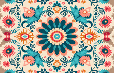Fototapeta premium Flower fabric pattern vintage pastel colors. Abstract indigenous graphic line art for flowers ancient. Textile vector illustration old antique vintage retro style. Floral design for clothing, etc.