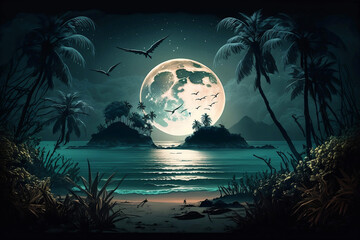 Wallpaper landscape of island beaches at night with full moon and glowing, Generative AI