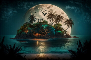 Wallpaper landscape of island beaches at night with full moon and glowing, Generative AI