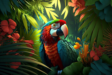 Tropical rainforest with macaw parrot bird with palm leaves and flowers, Generative AI