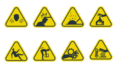 Grupo de símbolos en vectores de seguridad industrial o peligros industriales en el trabajo, peligro de golpes, de atrapamiento, caídas al mismo nivel, ergonómico, proyección de partículas, ruido.
