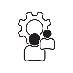 Team work icon, vector pictogram of collaboration process. People in cog wheel, efficiency stroke sign for HRM management.