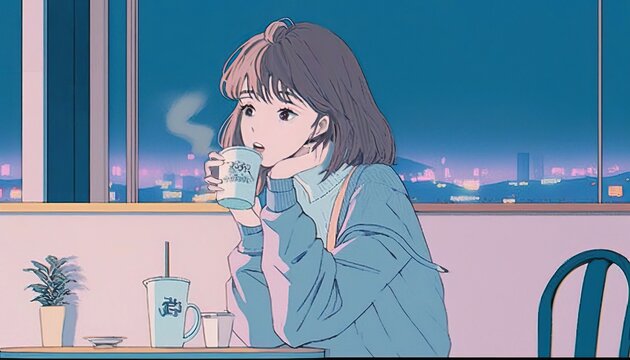 4K resolution or higher, Nostalgic feeling, retro, lo-fi, girl, coffee time, pop art illustration. Generative AI Technology
