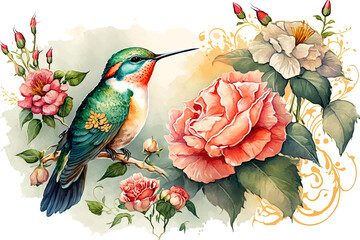 Watercolor painting pattern of a hummingbird with flowers, Generative AI