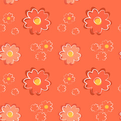 Seamless floral pattern with cute red flowers on red background. Vector illustration in flat style. Design for fabric, wrapping paper, background, wallpaper, kids fashion.
