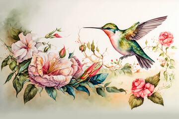 Watercolor painting pattern of a hummingbird with flowers, Generative AI