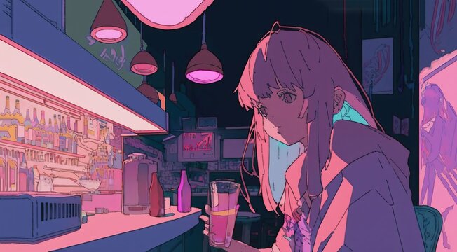 4K resolution or higher, Nostalgic feeling, retro, lo-fi, girl, midnight, pop art illustration. Generative AI Technology