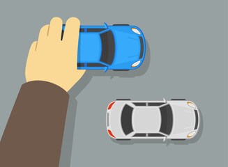 Hand putting a blue car model on toy road. Top view of a toy traffic flow. Flat vector illustration template. 