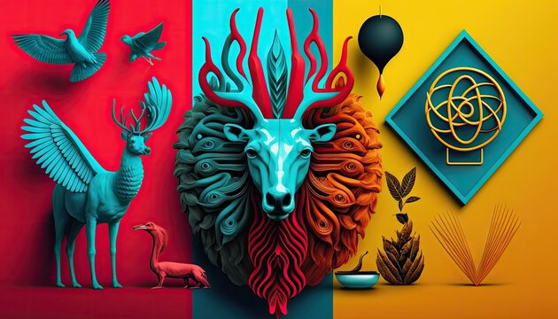 Designer Background with Iconic symbols and Bright color palette with Geometric Shapes in Bold Colors - Modern Wallpaper Template with Vibrant Hues and Polygonal Pattern (generative AI)