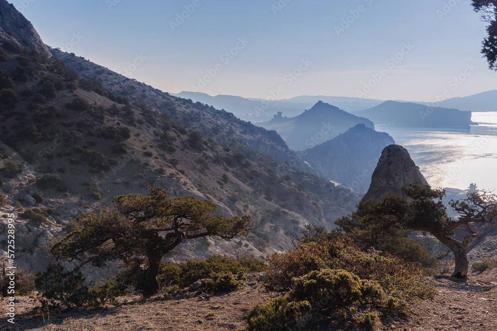 Sticker View on sea, mount and cape near Sudak from the slope of Falcon Sokol mountain at morning . Crimea