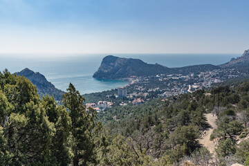 View of the resort city Novyi Svet and Green bay from trail. Crimea.