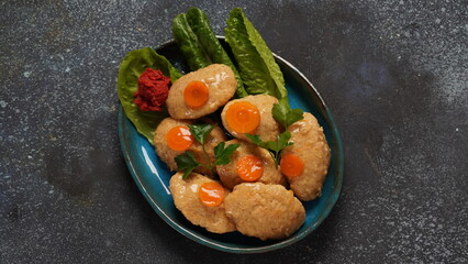 Gefilte fish with carrots, lettuce, horse radish. Passover traditional Jewish food - celebration concept