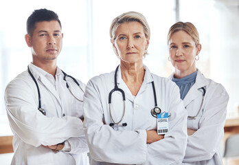 Healthcare, teamwork and portrait of serious doctors in hospital for wellness, medical care and...
