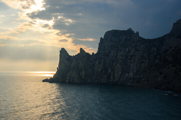 Fototapeta premium View of Karaul-Oba mountain,Cape Chicken-Kaya and Blue bay on sunset. Noviy Svet. Crimea