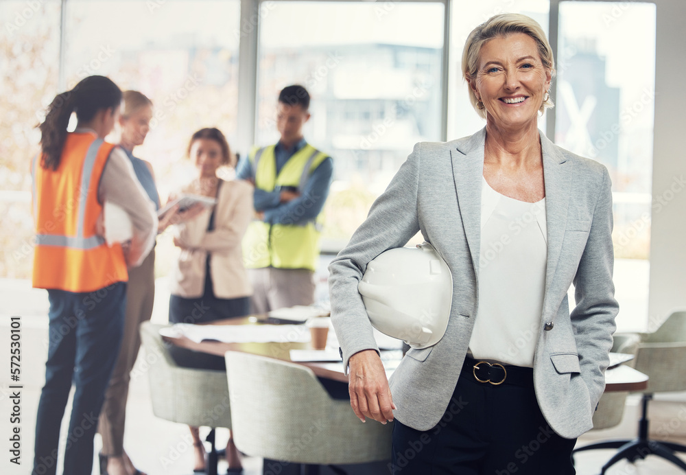 Aufkleber portrait, construction worker and manager with an engineer woman at work in her architecture office.