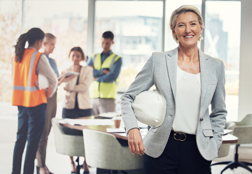 Portrait, construction worker and manager with an engineer woman at work in her architecture office. Industry, design and building with a female architect leader working on a development project
