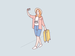 Happy vacation woman selfie carry suitcase being ready to go holidays simple korean style illustration