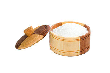 Wooden salt shaker with salt, isolated on a white background