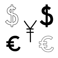 Money icon doodle set. Euro, dollar, yen vector sign