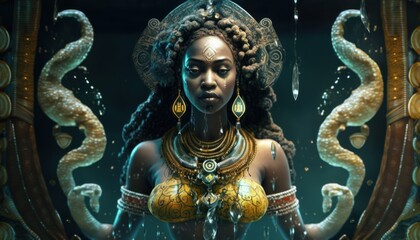 Mami Wata, the water spirit, was honored for her role in bringing prosperity, fertility, and good fortune. AI generation.