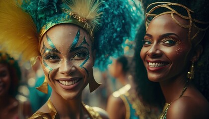 Joyful and Excited Multiracial Women in Rio Carnival Costume: Colorful Illustration of Humans in Festive Brazilian Street Party with Samba Music and Dancing Floats Celebration (generative AI