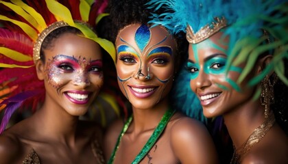 Joyful and Excited Multiracial Women in Rio Carnival Costume: Colorful Illustration of Humans in Festive Brazilian Street Party with Samba Music and Dancing Floats Celebration (generative AI