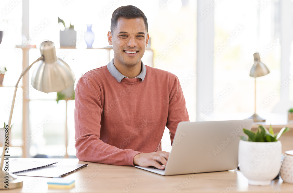 Poster laptop, office and portrait of man at a startup tech company working with leadership, business manag