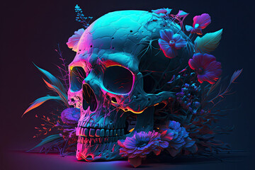 skull in colors with neon multicolored light on dark background. Generative AI