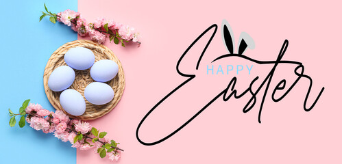 Beautiful Easter greeting card with eggs and flowers