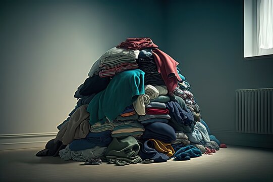 Pile of clothes in empty room. Photo generative AI