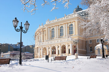 Fototapeta na wymiar Exterior of the Odessa State Opera and Ballet theater during winter time