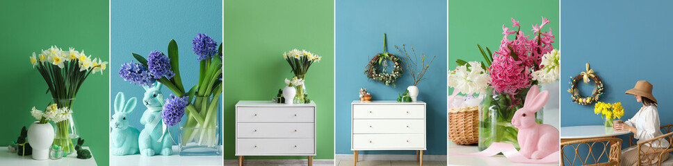 Collection of stylish Easter decorations near color walls in room interiors