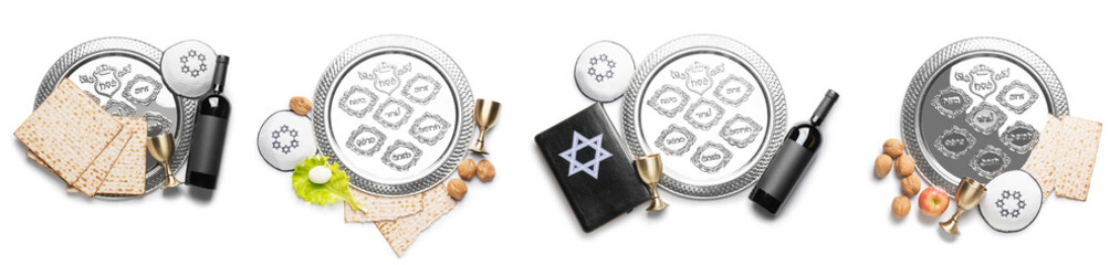 Set of compositions with Passover Seder plate on white background, top view