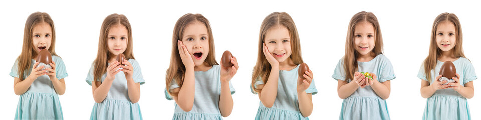 Set of cute little girl with chocolate Easter eggs on white background