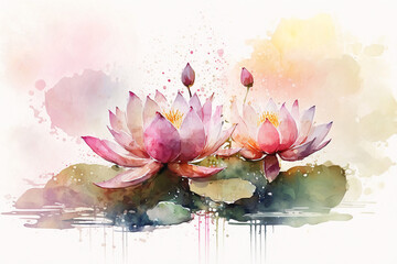 Pink watercolor lotus in water. AI generation	
