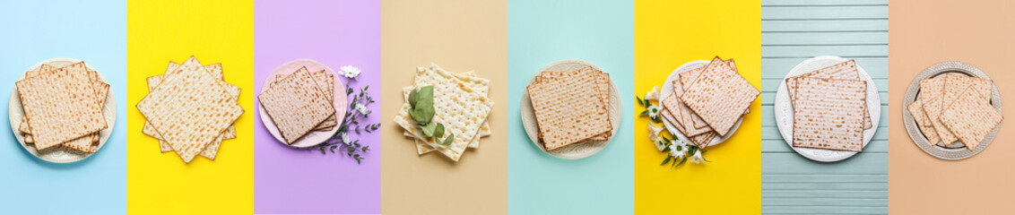Set of Jewish flatbread matza for Passover on color background, top view
