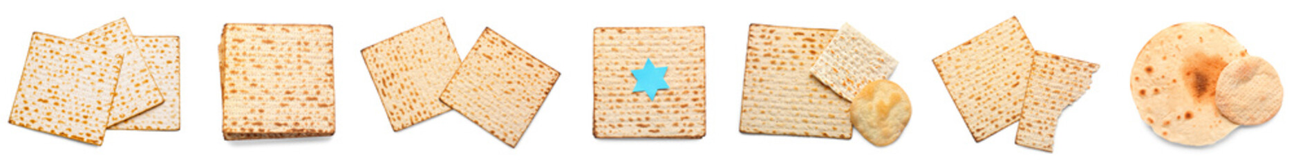 Set of Jewish flatbread matza for Passover on white background, top view