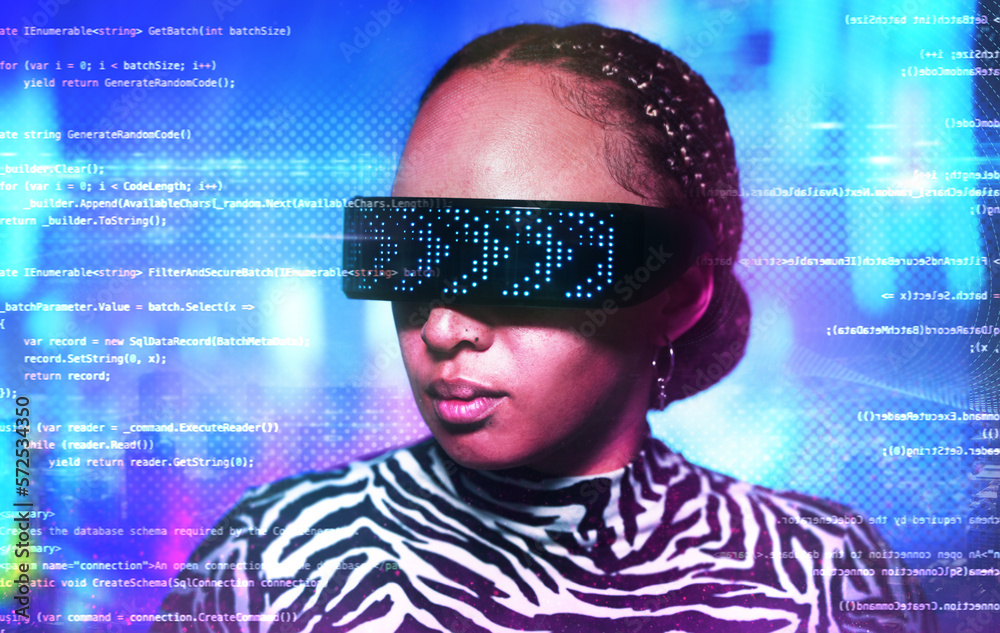 Poster Woman, metaverse and virtual reality glasses with overlay for digital transformation. Person face with vr tech for ar hologram for cyber and 3d world for big data, information technology and coding