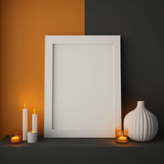 Mockup photo frame, white fireplace and orange candles AI Generaion