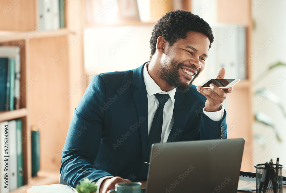 Poster office, laptop and black man on phone call at desk with smile, crm and b2b communication at advisory