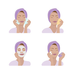 Set of 4 characters for beauty and skin care concept. Young woman washing face, moisturizing, applying mask and cream.